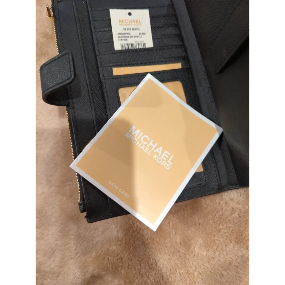 MICHAEL KORS JET SET DOUBLE ZIP WALLET PHONE CASE WRISTLET MK BLACK LEATHER GOLD
